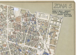 Bombe e mezzi incendiari lanciati 1:5000, 1942-1945. Zona 5: Borgo S.Paolo - Borgate Cenisia e Monginevro - Carceri Giudiziarie - Polo Nord. ASCT, Tipi e disegni, cart. 68, fasc. 1 disegno 5, quadrante 1. © Archivio Storico della Città di Torino
