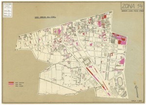 Danni arrecati agli stabili 1:5000, 1942-1945. Zona 14: Borgata Lesna, Pozzo Strada. ASCT, Tipi e disegni, cart. 68, fasc. 2 disegno 14. © Archivio Storico della Città di Torino