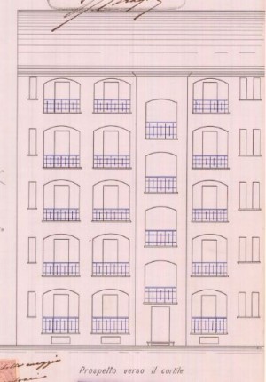 Facciata verso il cortile - progetto edilizio casa Società per Costruzione Case Popolari/Vandone-Momo (ASCT, PE I cat. 1906/218)