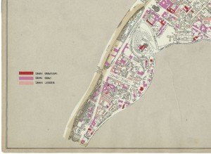 Danni arrecati agli stabili 1:5000, 1942-1945. Zona 20: Motovelodromo, Borgo Po, Borgo Crimea. ASCT, Tipi e disegni, cart. 68, fasc. 2 disegno 20 – quadrante 3. © Archivio Storico della Città di Torino