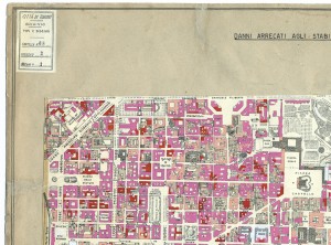 Danni arrecati agli stabili 1:5000, 1942-1945. Zona 1: Municipio, Vanchiglia, Porta Susa, Porta Nuova, Borgo Nuovo. ASCT, Tipi e disegni, cart. 68, fasc. 2 disegno 1, quadrante 4. © Archivio Storico della Città di Torino