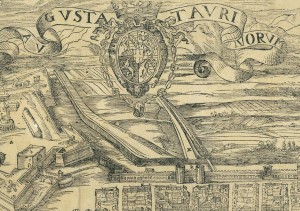 Augusta Taurinorum, di Giovanni Caracha, incisione di Giovanni Criegher, 1572, particolare del settore occidentale con l’acquedotto. Archivio Storico della Città di Torino, Collezione Simeom, D 1. © Archivio Storico della Città di Torino