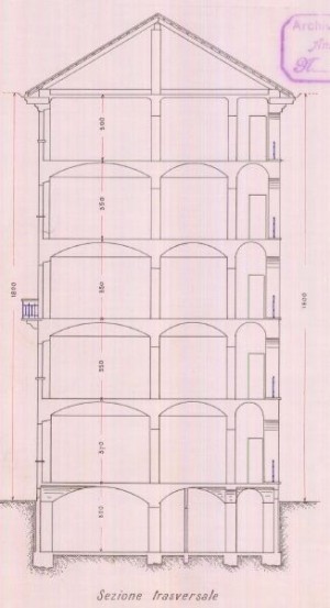 Sezione trasversale - progetto edilizio casa Società per Costruzione Case Popolari/Vandone-Momo (ASCT, PE I cat. 1906/218)