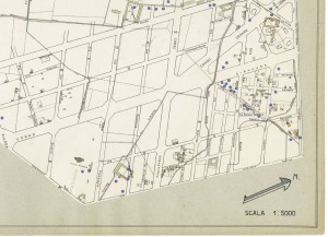 Bombe e mezzi incendiari lanciati 1:5000, 1942-1945. Zona 13: Barriera di Orbassano - Sanatorio - Gerbido. ASCT, Tipi e disegni,cart. 68, fasc. 1 disegno 13, quadrante 2. © Archivio Storico della Città di Torino 