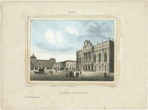 Palazzo Madama e piazza Castello. Litografia di Doyen e C. su disegno di E. Gonin, 1841. © Archivio Storico della Città di Torino