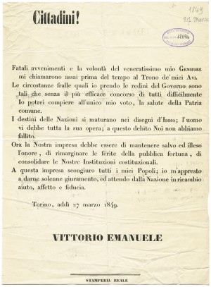 Proclama di Vittorio Emanuele II in occasione della sua salita al trono, 27 marzo 1849. © Archivio Storico della Città di Torino.