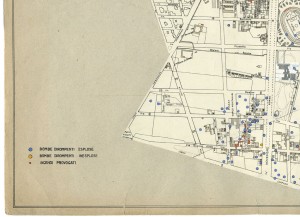 Bombe e mezzi incendiari lanciati 1:5000, 1942-1945. Zona 10: S.Rita da Cascia - Stadio Comunale - Ospizio di Carita'- Nuovi Mercati. ASCT, Tipi e disegni, cart. 68, fasc. 1 disegno 10, quadrante 3. © Archivio Storico della Città di Torino