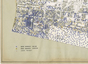 Bombe e mezzi incendiari lanciati 1:5000, 1942-1945. Zona 11: Molinette - Millefonti Nuova Barriera di Nizza. ASCT, Tipi e disegni,cart. 68, fasc. 1 disegno 11, quadrante 3. © Archivio Storico della Città di Torino