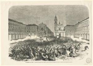 Conflitti in piazza San Carlo la sera del 22 settembre 1864. © Archivio Storico della Città di Torino