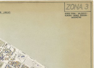 Bombe e mezzi incendiari lanciati 1:5000, 1942-1945. Zona 3: Borgo Dora - Valdocco - Aurora - Borgo Rossini - Gasometro. ASCT, Tipi e disegni, cart. 68, fasc. 1 disegno 3, quadrante 1. © Archivio Storico della Città di Torino 