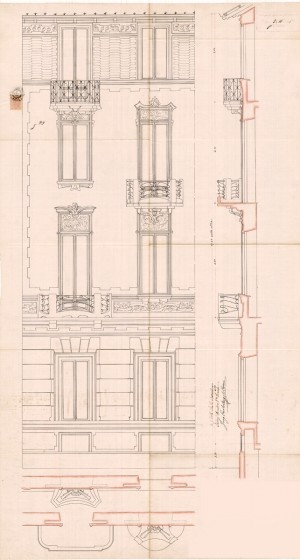 Dettagli facciata-progetto edilizio casa Borsalino/Ceresa (ASCT, PE I cat. 1905/66)