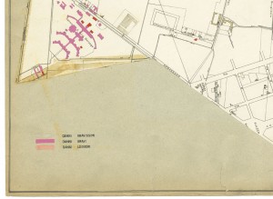 Danni arrecati agli stabili 1:5000, 1942-1945. Zona 13: Barriera di Orbassano, Sanatorio, Gerbido. ASCT, Tipi e disegni, cart. 68, fasc. 2 disegno 13 – quadrante 3. © Archivio Storico della Città di Torino