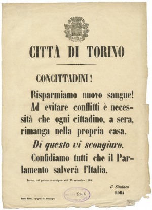 Proclama del Sindaco Rorà in seguito agli incidenti del settembre 1864. © Archivio Storico della Città di Torino
