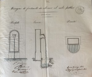 Primo progetto di fontanelle da collocare sul suolo pubblico. Da fondo Scritture Private, Torino 27 marzo 1862, volume 59, Fol. 208. © Archivio Storico della Città di Torino.