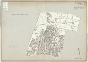 Bombe e mezzi incendiari lanciati 1:5000, 1942-1945. Zona 7: Borgate Monterosa e Montebianco - Barriera DI Milano. ASCT, Tipi e disegni, cart. 68, fasc. 1 disegno 7. © Archivio Storico della Città di Torino