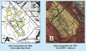 Carte topografiche in cui è evidenziata la precedente morfologia della torbiera di Trana. Fotografia di Paolo Baggio et al., 2003