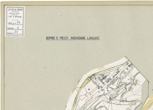 Bombe e mezzi incendiari lanciati 1:5000, 1942-1945. Zona 21: Fioccardo - Alberoni - Pilonetto. ASCT, Tipi e disegni, cart. 68, fasc. 1 disegno 21, quadrante 4. © Archivio Storico della Città di Torino