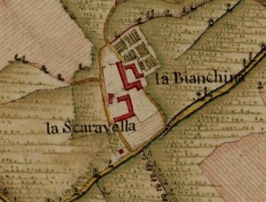 Cascina Bianchin e cascina Scaravella. Carta Topografica della Caccia, 1760-1766 circa, ©Archivio di Stato di Torino