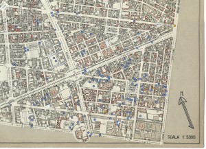 Bombe e mezzi incendiari lanciati 1:5000, 1942-1945. Zona 4: Campidoglio - Martinetto - Borgo S.Donato - Foro Boario - Boringhieri - Tesoriera. ASCT, Tipi e disegni, cart. 68, fasc. 1 disegno 4, quadrante 2. © Archivio Storico della Città di Torino