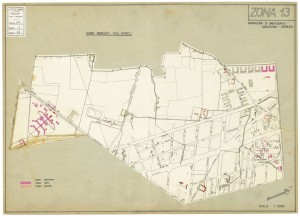 Danni arrecati agli stabili 1:5000, 1942-1945. Zona 13: Barriera di Orbassano, Sanatorio, Gerbido. ASCT, Tipi e disegni, cart. 68, fasc. 2 disegno 13. © Archivio Storico della Città di Torino