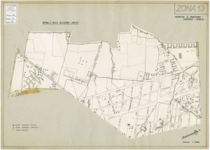 Bombe e mezzi incendiari lanciati 1:5000, 1942-1945. Zona 13: Barriera di Orbassano - Sanatorio - Gerbido. ASCT, Tipi e disegni,cart. 68, fasc. 1 disegno 13. © Archivio Storico della Città di Torino    