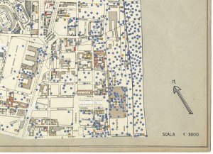 Bombe e mezzi incendiari lanciati 1:5000, 1942-1945. Zona 10: S.Rita da Cascia - Stadio Comunale - Ospizio di Carita'- Nuovi Mercati. ASCT, Tipi e disegni, cart. 68, fasc. 1 disegno 10, quadrante 2. © Archivio Storico della Città di Torino