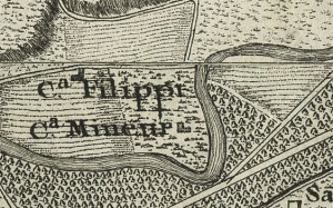 Cascina Mineur. Michele Antonio Boglione, Disegno dei confini territoriali tra la città, Gonzole, Borgaretto e Beinasco, 1785, © Archivio Storico della Città di Torino