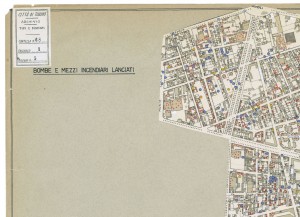 Bombe e mezzi incendiari lanciati 1:5000, 1942-1945. Zona 5: Borgo S.Paolo - Borgate Cenisia e Monginevro - Carceri Giudiziarie - Polo Nord. ASCT, Tipi e disegni, cart. 68, fasc. 1 disegno 5, quadrante 4. © Archivio Storico della Città di Torino 