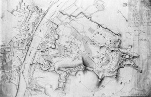 Pianta delle fortificazioni intorno al Borgo Po e al vallone della Villa della Regina riattivate nel 1793 durante la guerra delle Alpi. BRT, Disegni O-IV. © Biblioteca Reale di Torino