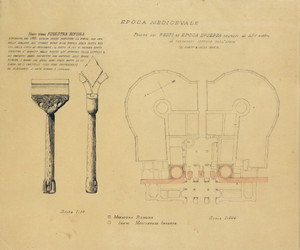 Il rilievo di D’Andrade della porta con il particolare della bifora del “castrum vetus”, Archivio D’Andrade (SBAAP). © SBAAP