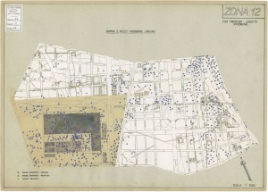 Bombe e mezzi incendiari lanciati 1:5000, 1942-1945. Zona 12: Fiat Mirafiori - Lingotto Ippodromo. ASCT, Tipi e disegni,cart. 68, fasc. 1 disegno 12. © Archivio Storico della Città di Torino    