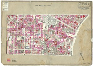 Danni arrecati agli stabili 1:5000, 1942-1945. Zona 1: Municipio, Vanchiglia, Porta Susa, Porta Nuova, Borgo Nuovo. ASCT, Tipi e disegni, cart. 68, fasc. 2 disegno 1. © Archivio Storico della Città di Torino