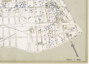 Bombe e mezzi incendiari lanciati 1:5000, 1942-1945. Zona 12: Fiat Mirafiori - Lingotto Ippodromo. ASCT, Tipi e disegni,cart. 68, fasc. 1 disegno 12, quadrante 2. © Archivio Storico della Città di Torino