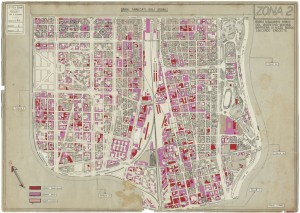 Danni arrecati agli stabili 1:5000, 1942-1945. Zona 2: Borgo San Salvario, Parco del Valentino, Vecchia Barriera di Nizza, Borgo San Secondo, Crocetta. ASCT, Tipi e disegni, cart. 68, fasc. 2 disegno 2. © Archivio Storico della Città di Torino