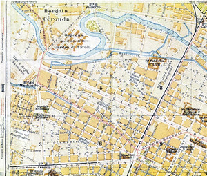 Particolare della pianta della Città di Torino, Seconda metà dell’Ottocento, in cui compare la «Barriera di Valdocco. Riproduzione di Carlo Pigato.