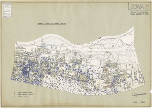 Bombe e mezzi incendiari lanciati 1:5000, 1942-1945. Zona 11: Molinette - Millefonti Nuova Barriera di Nizza. ASCT, Tipi e disegni,cart. 68, fasc. 1 disegno 11. © Archivio Storico della Città di Torino