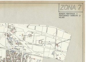 Bombe e mezzi incendiari lanciati 1:5000, 1942-1945. Zona 7: Borgate Monterosa e Montebianco - Barriera DI Milano. ASCT, Tipi e disegni, cart. 68, fasc. 1 disegno 7, quadrante 1. © Archivio Storico della Città di Torino 