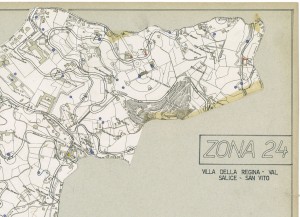 Bombe e mezzi incendiari lanciati 1:5000, 1942-1945. Zona 24: Villa della Regina - Val Salice - San Vito. ASCT, Tipi e disegni, cart. 68, fasc. 1 disegno 24, quadrante 1. © Archivio Storico della Città di Torino