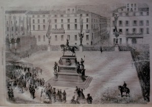 Inaugurazione del monumento a Carlo Alberto realizzato da Carlo Marocchetti tra il 1856 e 1860. Litografia da 