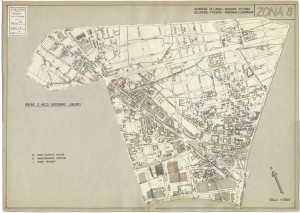 Bombe e mezzi incendiari lanciati 1:5000, 1942-1945. Zona 8: Barriera di Milano - Borgata Vittoria Acciaierie - Fossata - Madonna di Campagna. ASCT, Tipi e disegni, cart. 68, fasc. 1 disegno 8. © Archivio Storico della Città di Torino 