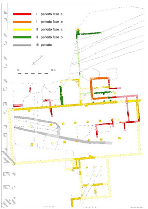 Planimetria delle strutture: in rosso e arancio l’edificio più antico, in giallo e verde il magazzino e il grigio la capanna altomedievale, © Soprintendenza per i Beni Archeologici del Piemonte e del Museo Antichità Egizie.