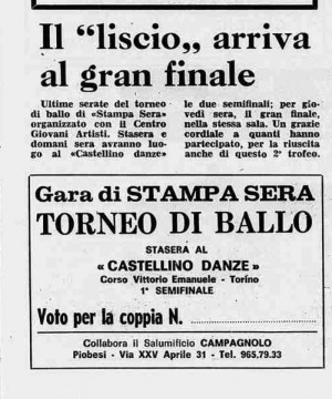 Torneo di ballo al Castellino danze, tagliandino partecipativo. 
Inserto da «Stampa Sera», 29 Marzo 1977.