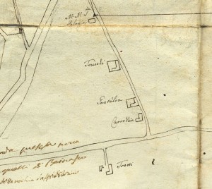 Cascina Tre Tetti Nigra. 
Planimetria dei territori tra Torino e Beinasco, 1740-1742, © Archivio Storico della Città di Torino