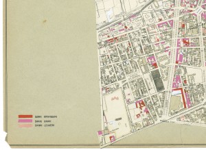 Danni arrecati agli stabili 1:5000, 1942-1945. Zona 4: Campidoglio, Martinetto, Borgo San Donato, Foro Boario, Borin, Ghieri, Tesoriera. ASCT, Tipi e disegni, cart. 68, fasc. 2 disegno 4 – quadrante 3. © Archivio Storico della Città di Torino