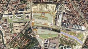 Planimetria di progetto del Parco Dora inserita sull’immagine fotografica aerea dell’area. Montaggio dell’immagine Parco Dora - Spina 3 - Città di Torino su estratto di foto aerea Google Maps