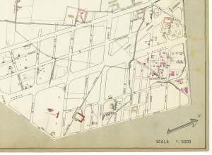 Danni arrecati agli stabili 1:5000, 1942-1945. Zona 13: Barriera di Orbassano, Sanatorio, Gerbido. ASCT, Tipi e disegni, cart. 68, fasc. 2 disegno 13 – quadrante 2. © Archivio Storico della Città di Torino