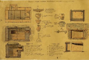 Disegno a china e acquerello delle tombe al momento del loro rinvenimento, Archivio SBAPMAE, © Soprintendenza per i Beni Archeologici del Piemonte e del Museo Antichità Egizie.