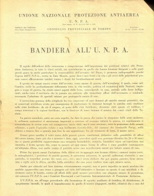 Unione Nazionale protezione Antiaerea. Bandiera dell'UNPA, pagina 1 di 2. ASCT, Miscellanea sicurezza pubblica 58. © Archivio Storico della Città di Torino