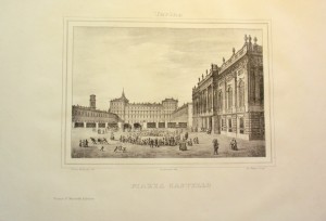 Veduta di piazza Castello. Litografia di Doyen e Comp. su disegno di E. Gonin, 1839. © Archivio Storico della Città di Torino