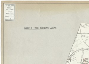 Bombe e mezzi incendiari lanciati 1:5000, 1942-1945. Zona 7: Borgate Monterosa e Montebianco - Barriera DI Milano. ASCT, Tipi e disegni, cart. 68, fasc. 1 disegno 7, quadrante 4. © Archivio Storico della Città di Torino